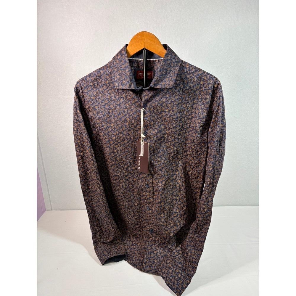 Consequence Mens Large Navy Gold Paisley Stretch Long Sleeve Button Down Shirt